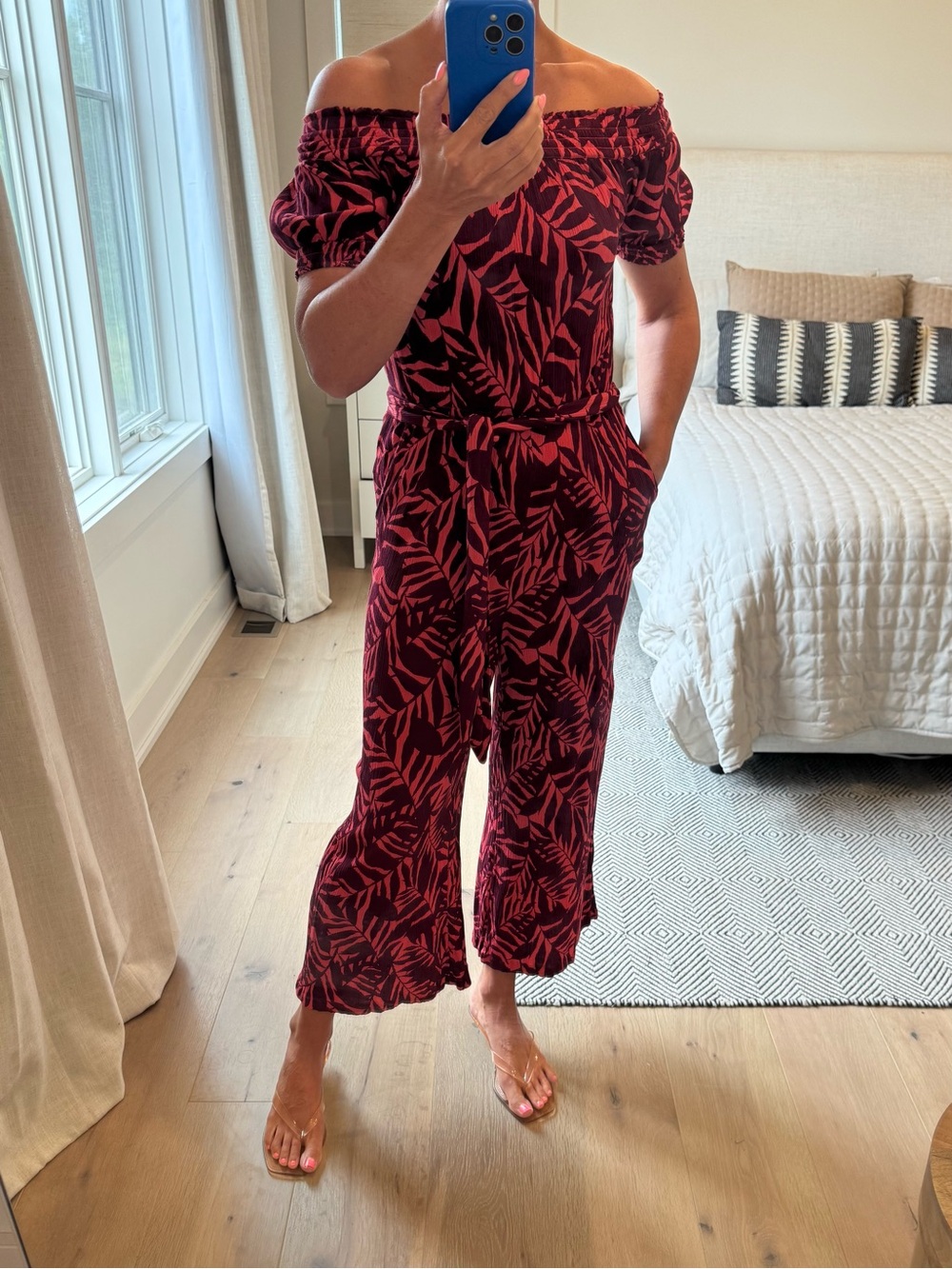 Old Navy Red and Black Off-Shoulder Leaf-Print Jumpsuit